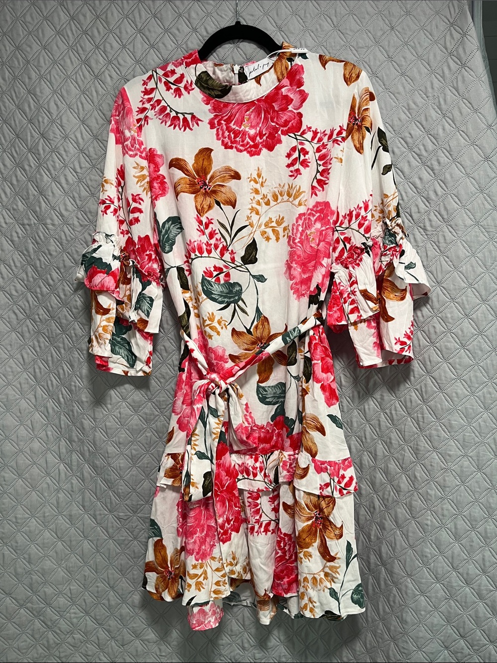 Petal & Pup Pink and Cream Floral Tie-Waist Midi Dress
